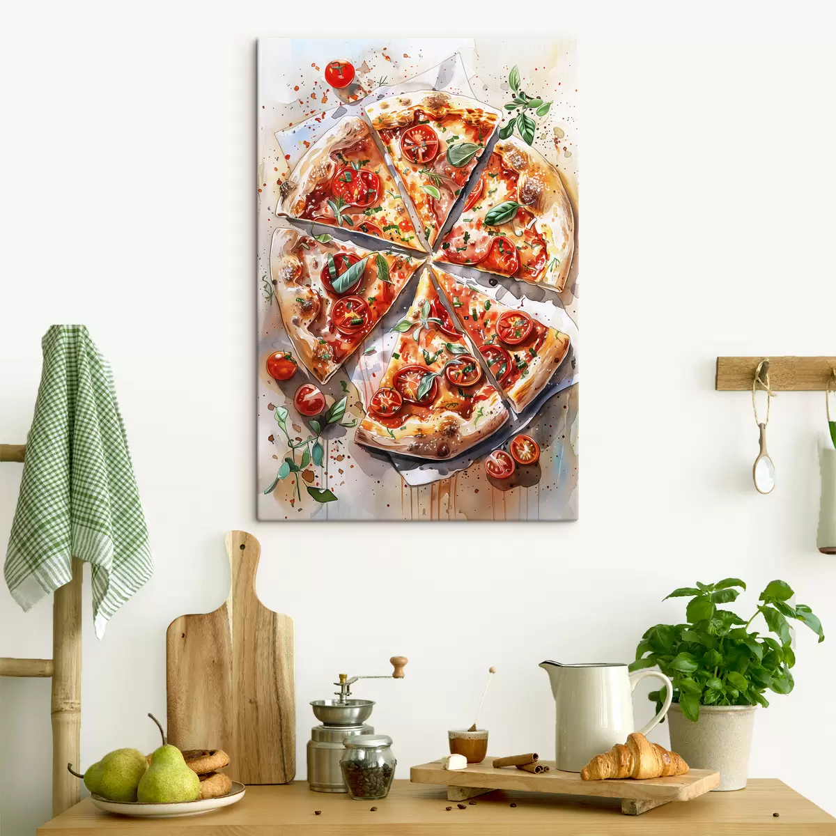  Peintures Pizza aquarelle, délicieuse, tomates et fromage, art culinaire, table en bois s39704