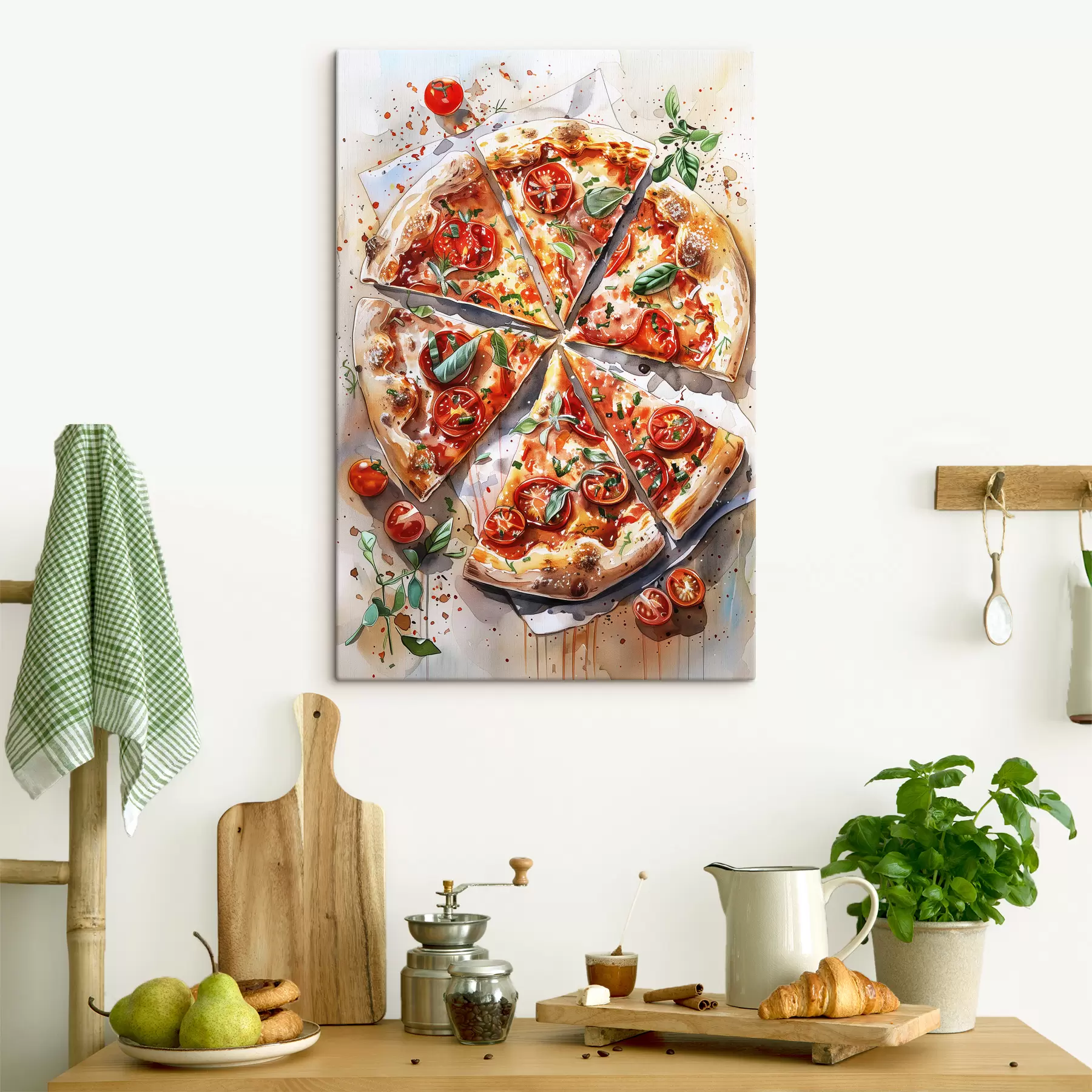 Papier peint photo Pizza aquarelle, délicieuse, tomates et fromage, art culinaire, table en bois s39704