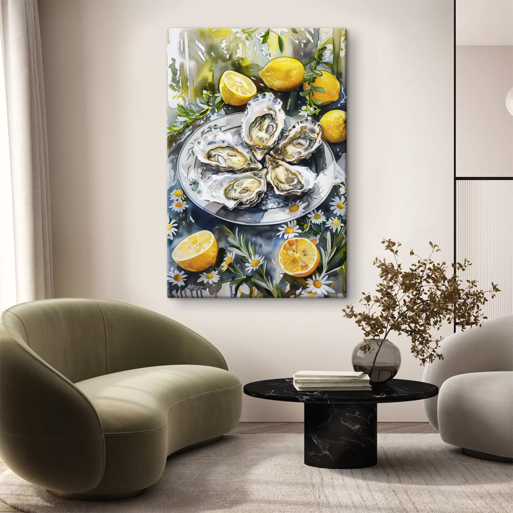 Papier peint photo Huîtres élégantes dans l'assiette, citrons et fleurs, couleurs estivales, méditerranéennes s39710