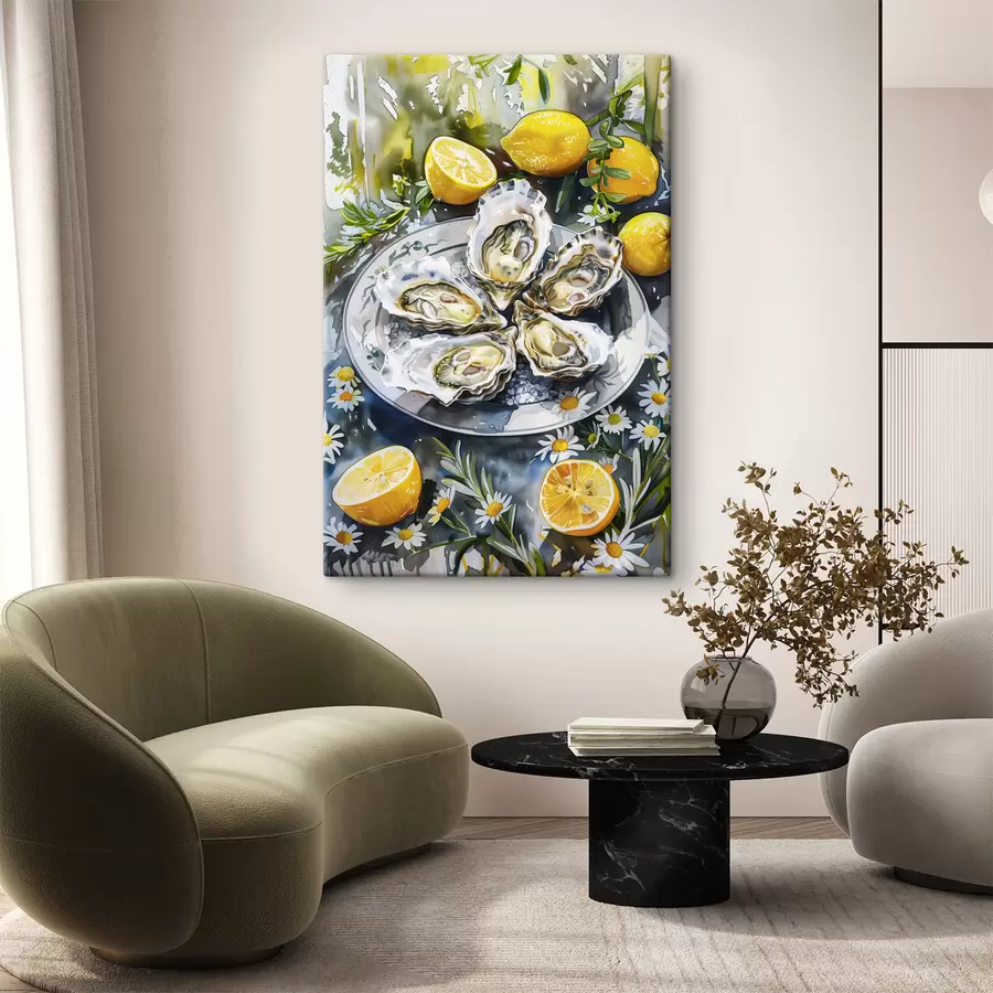  Schilderijen Elegante oesters op het bord, citroenen en bloemen, zomerse kleuren, mediterraan s39710