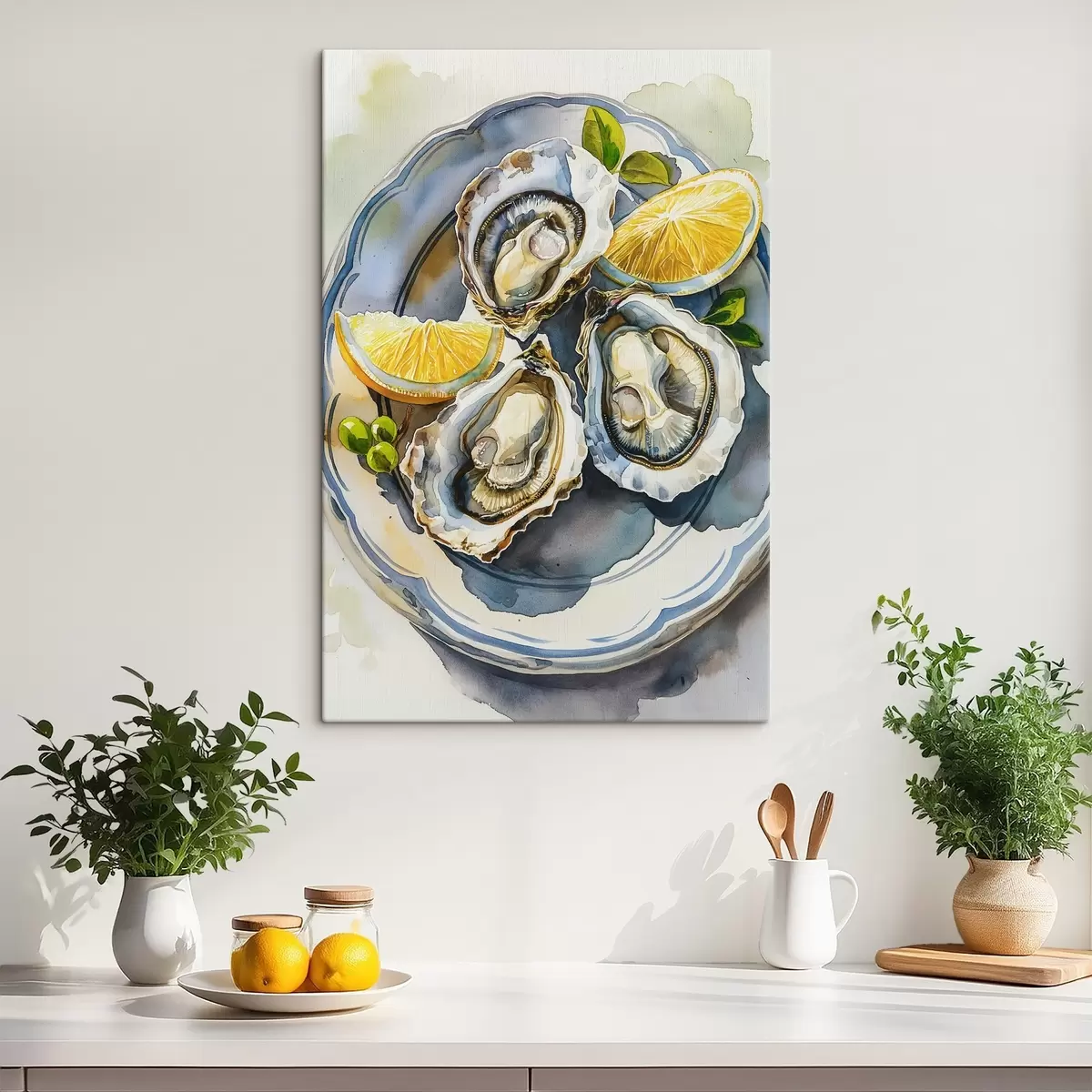  Schilderijen Elegante oesters op het bord, aquarel, citroenen, natuurlijke kleuren, mediterraan s39711