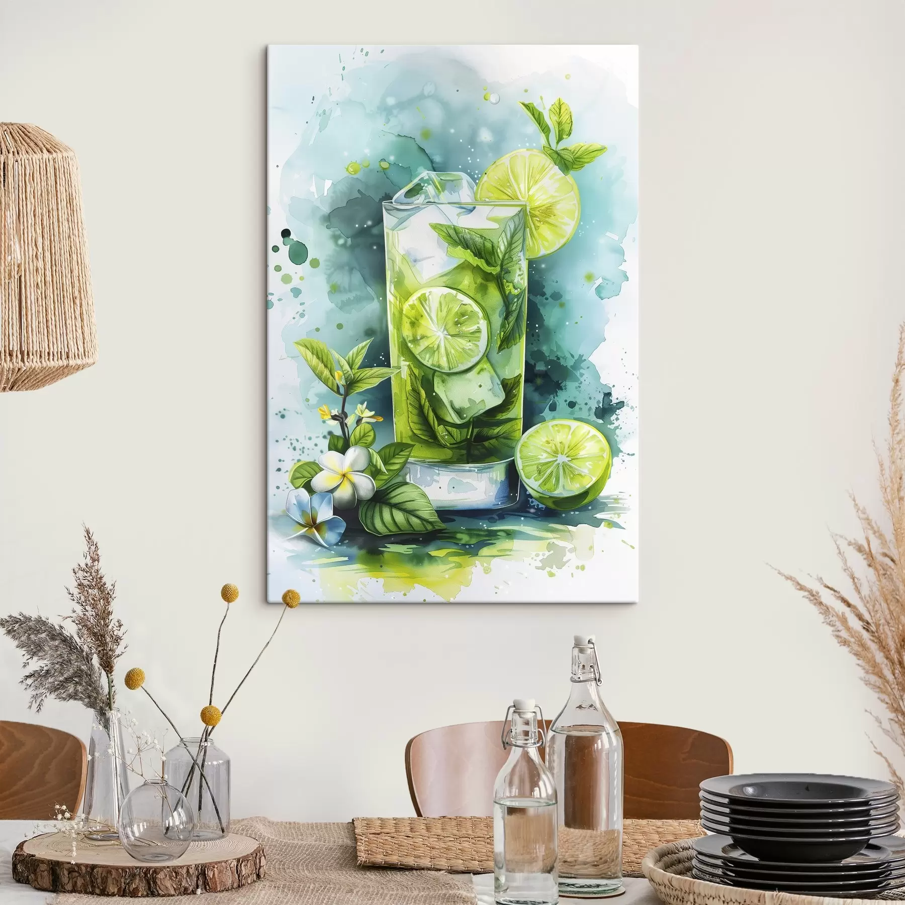  Schilderijen Aquarel zomercocktail, mojito, limoen en munt, bloemen, groene kleuren s39712