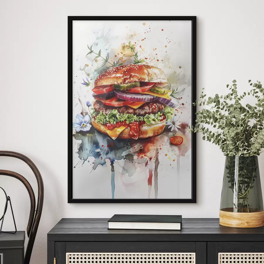 Fotobehang Smakelijke hamburger met vlees, bloemen, aquarel, voedselkunst f39699