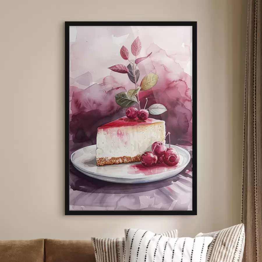 Papier peint photo Cheesecake aquarelle aux cerises, art culinaire élégant, couleurs rouge et violet f39700