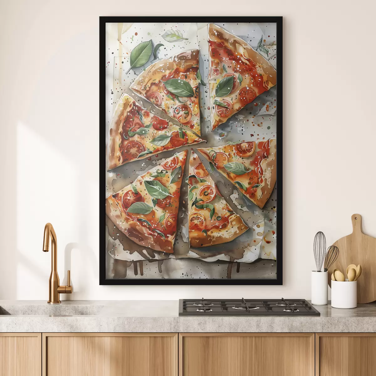 Poster Heerlijke Italiaanse pizza, aquarelvoedselkunst, margarita, tomaten f39703