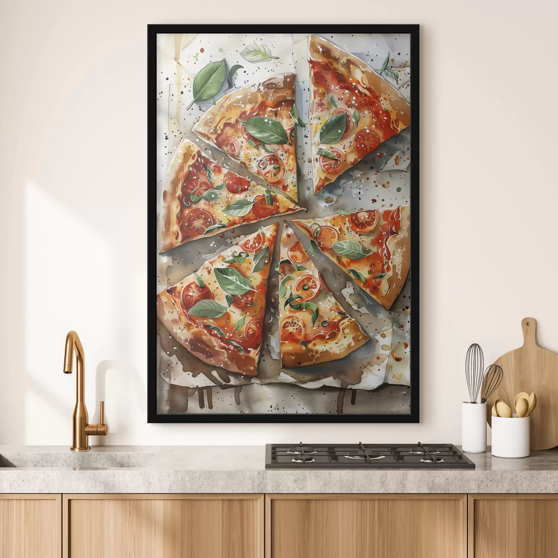 Fotobehang Heerlijke Italiaanse pizza, aquarelvoedselkunst, margarita, tomaten f39703