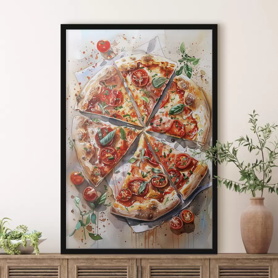 Fotobehang Waterverfpizza, heerlijk, tomaten en kaas, voedselkunst, houten tafel f39704