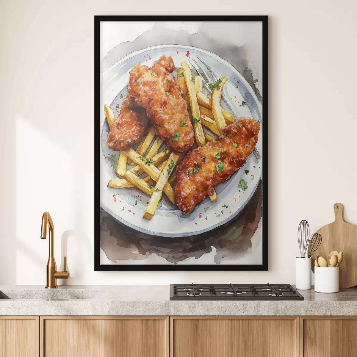 Poster Waterverfvoedselkunst, frietjes met geroosterde kip, heerlijk f39708