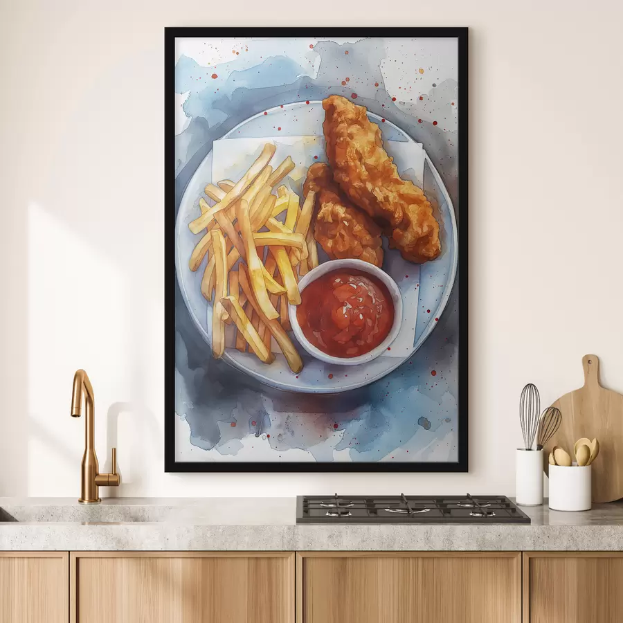 Fotobehang Waterverfstraatvoedsel, frietjes met geroosterde kip, heerlijk f39709