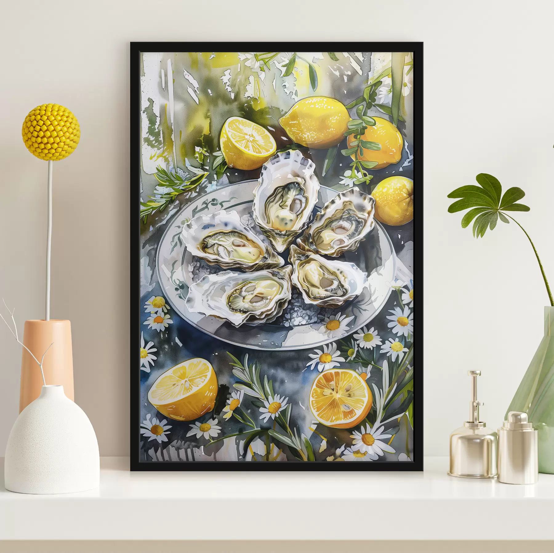  Schilderijen Elegante oesters op het bord, citroenen en bloemen, zomerse kleuren, mediterraan f39710