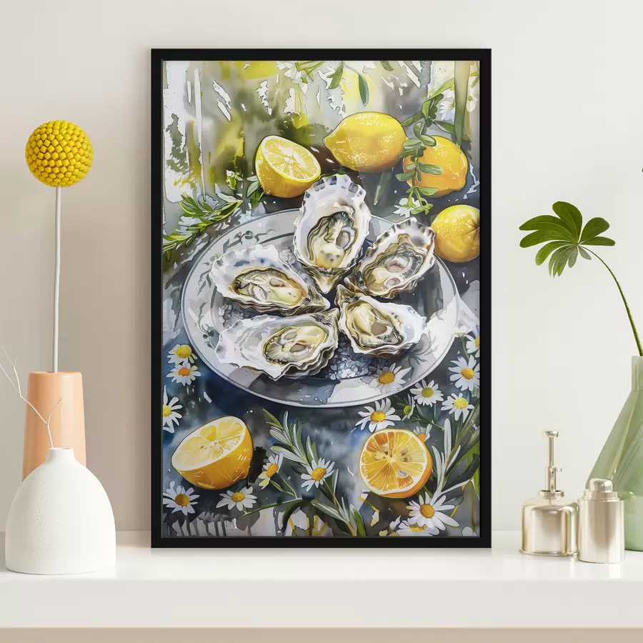 Papier peint photo Huîtres élégantes dans l'assiette, citrons et fleurs, couleurs estivales, méditerranéennes f39710