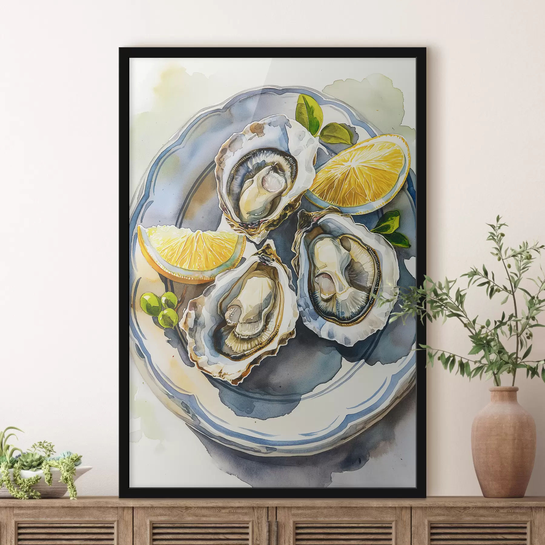  Schilderijen Elegante oesters op het bord, aquarel, citroenen, natuurlijke kleuren, mediterraan f39711