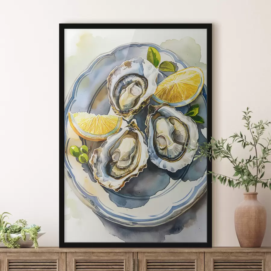 Fotobehang Elegante oesters op het bord, aquarel, citroenen, natuurlijke kleuren, mediterraan f39711