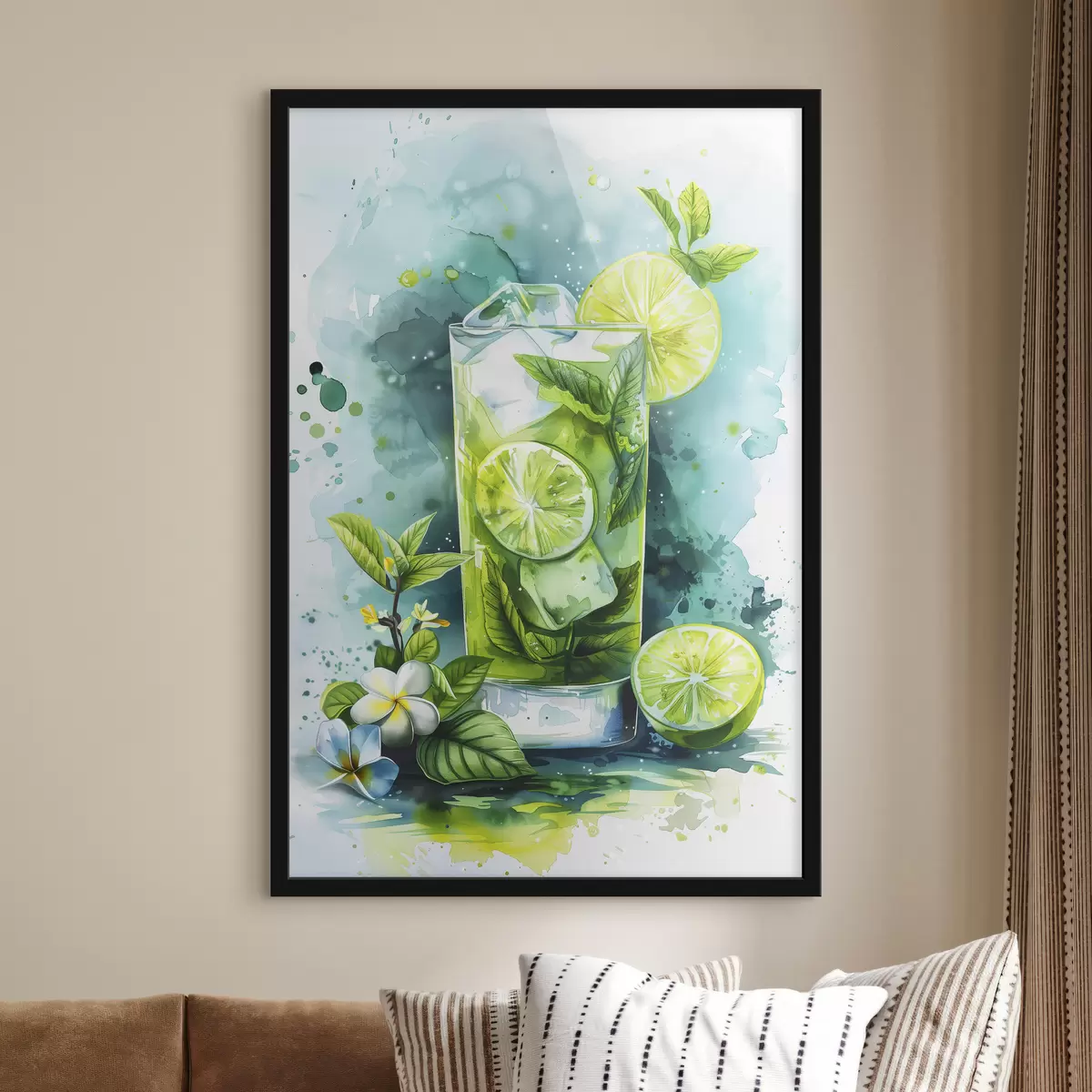 Affiche Cocktail d'été aquarelle, mojito, citron vert et menthe, fleurs, couleurs vertes f39712
