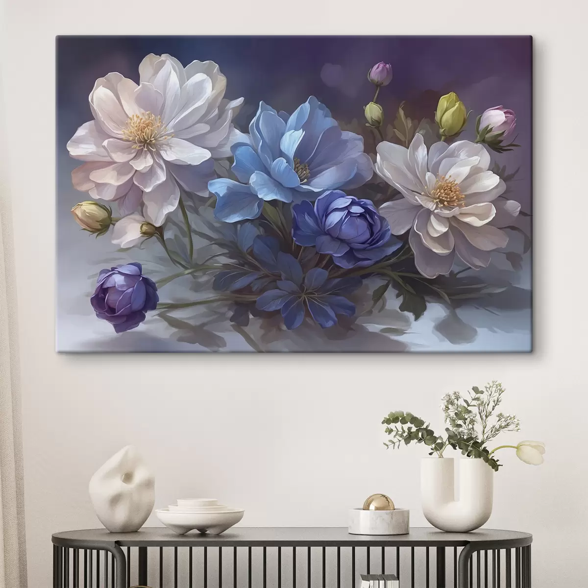  Peintures Fleurs blanches et bleues sur fond flou s39603