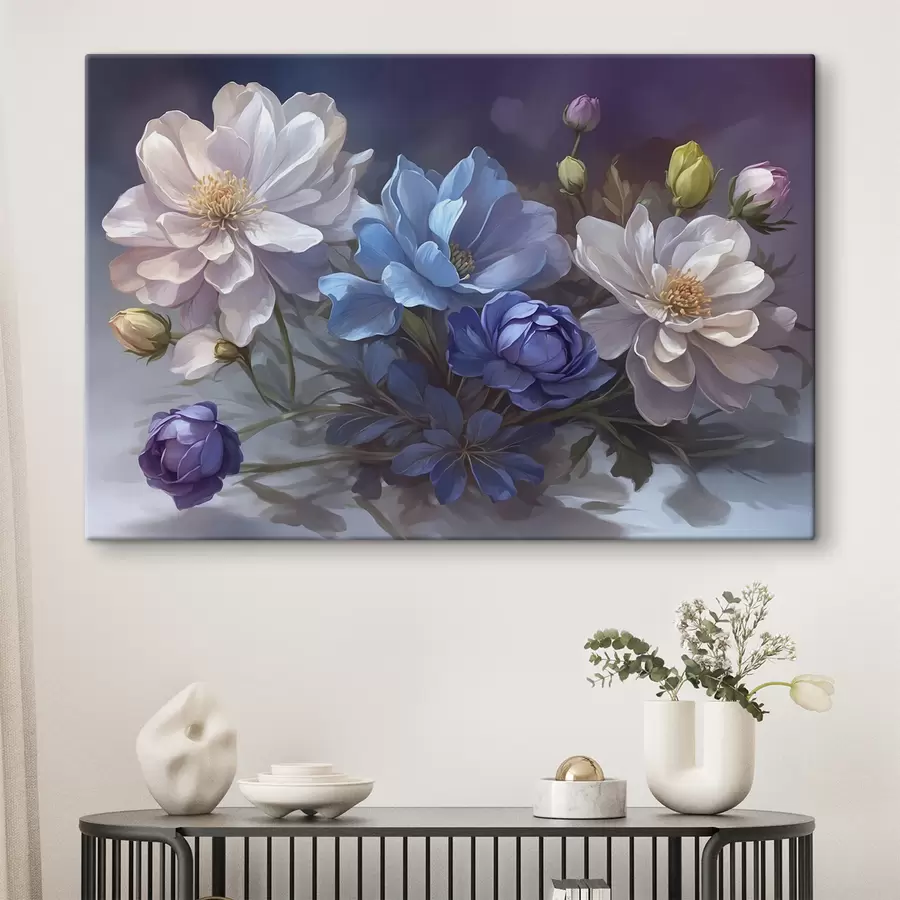  Peintures Fleurs blanches et bleues sur fond flou s39603