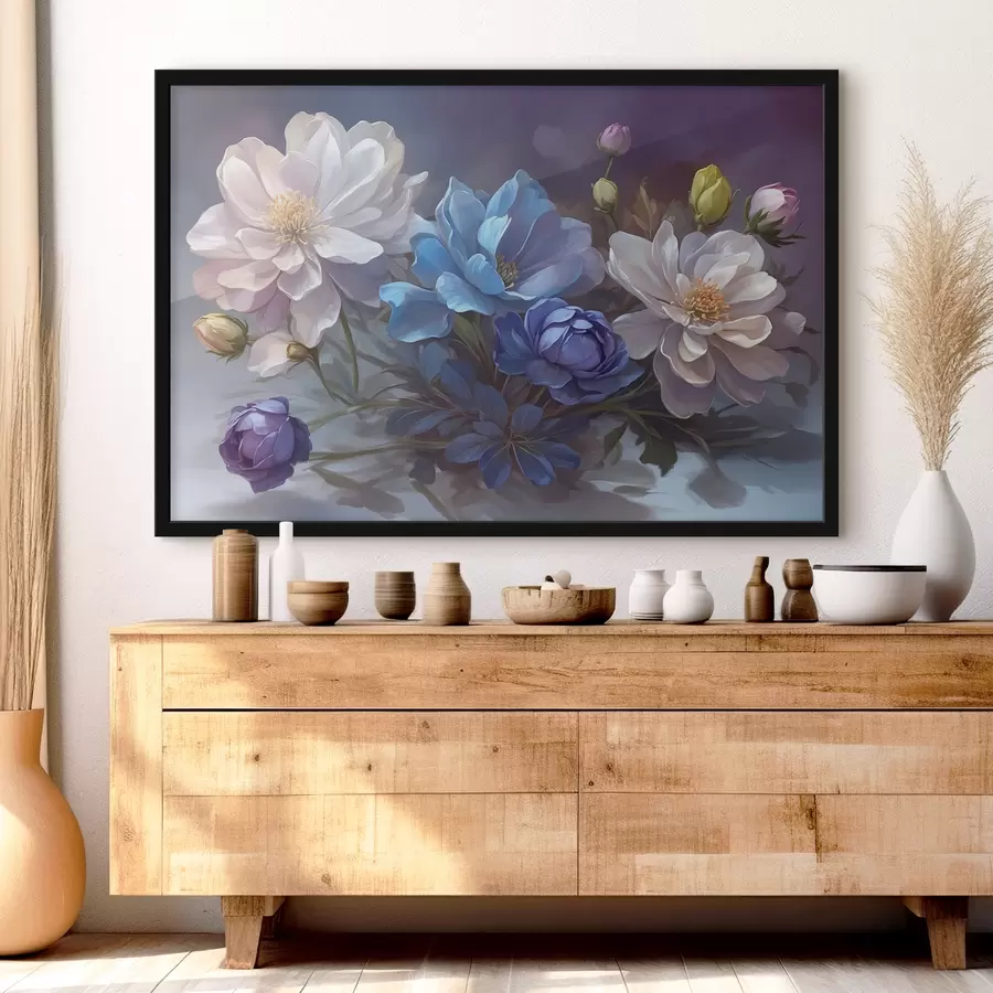 Fotobehang Witte en blauwe bloemen op onscherpe achtergrond f39603