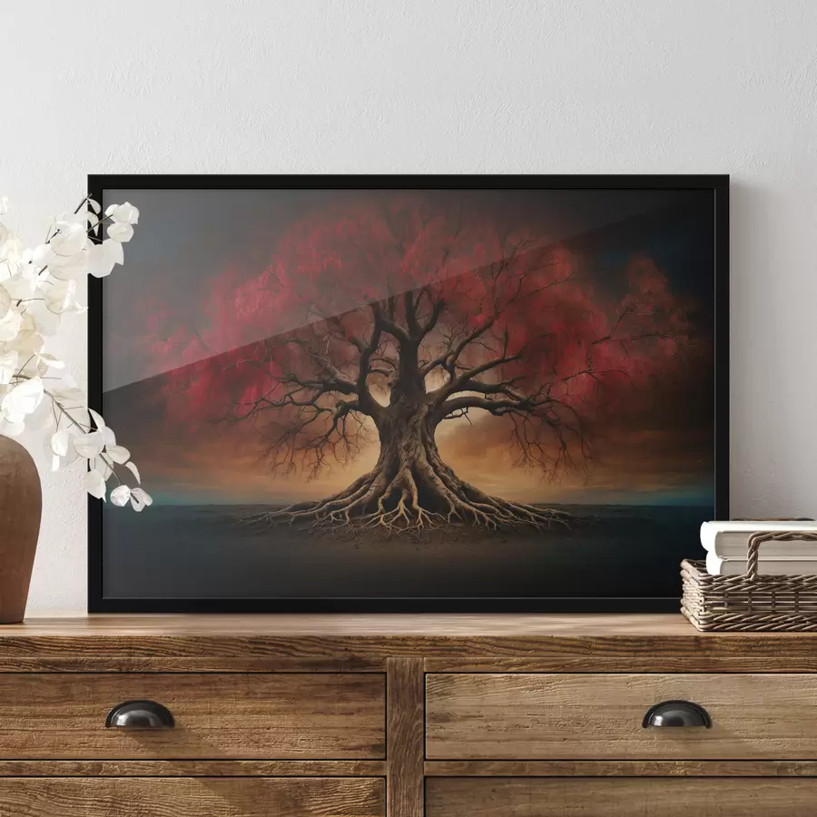 Fotobehang Gewortelde boom in het midden van een leeg veld f39614