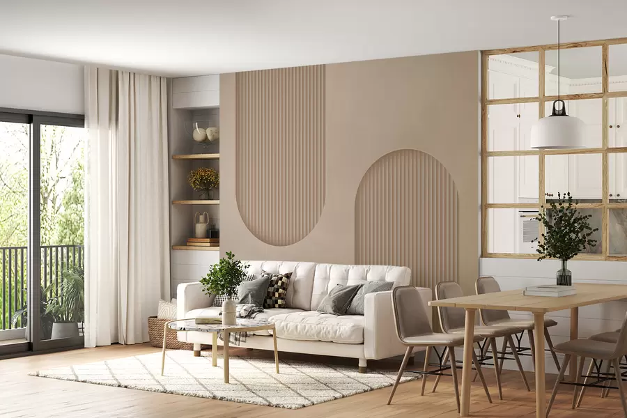 Fotobehang Art Deco structuurbehang in warme beige tinten. Imitatie van volumetrische bogen w08048