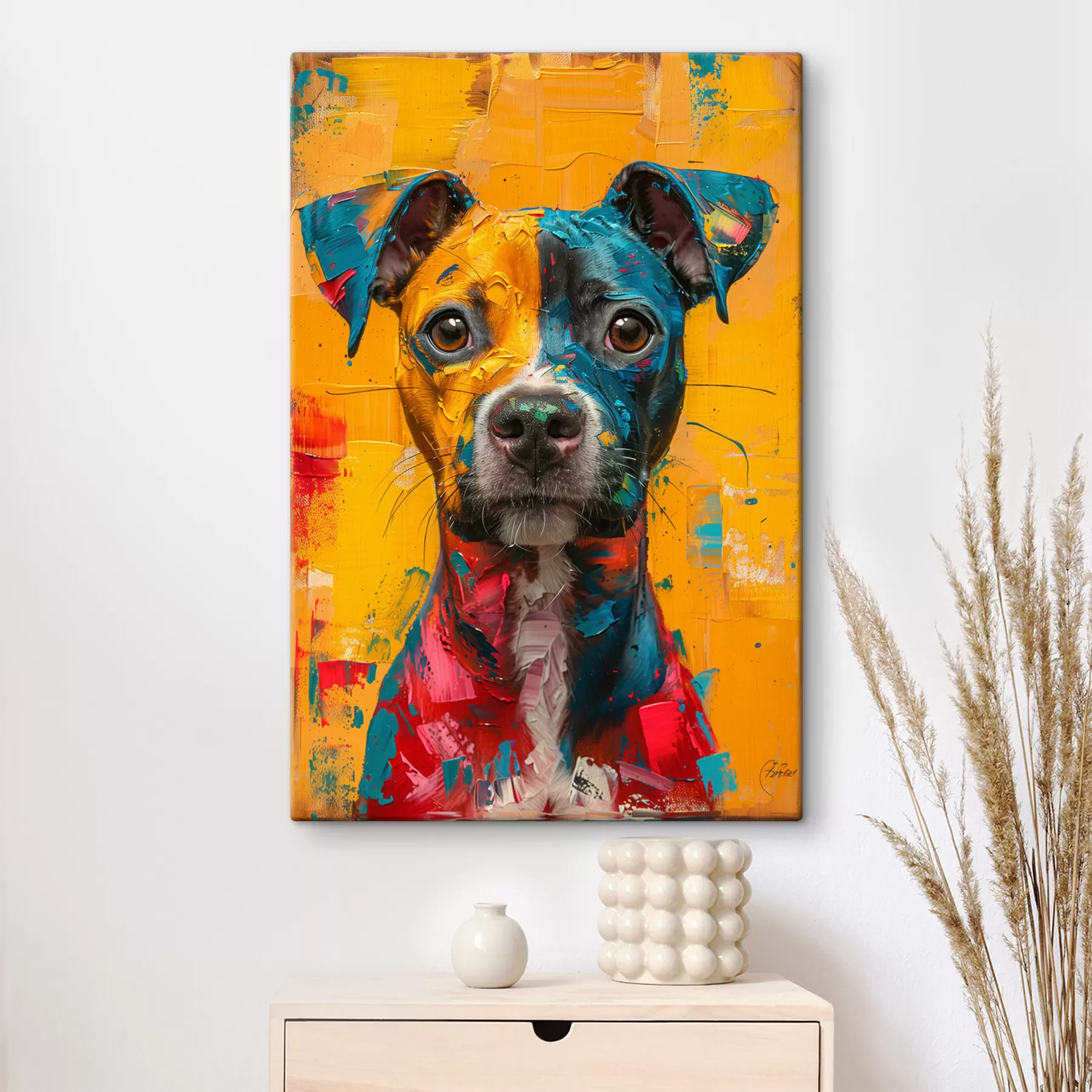 Papier peint photo Portrait d'un Pitbull avec des coups de pinceau à huile jaune et bleu s39722