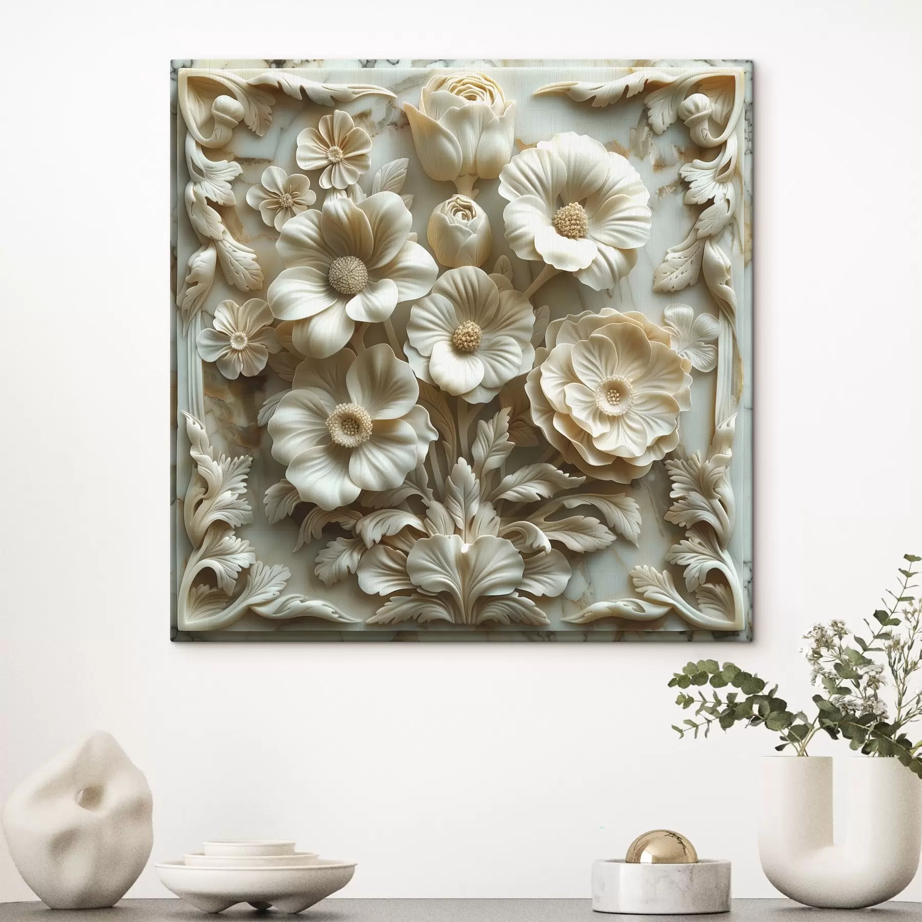 Papier peint photo Fleurs en bas-relief blanc 3d avec sur fond de marbre avec un cadre s39739