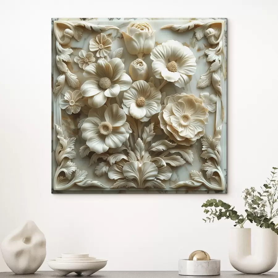 Fotobehang 3D-witte bas-reliëfbloemen op een marmeren achtergrond met een frame s39739