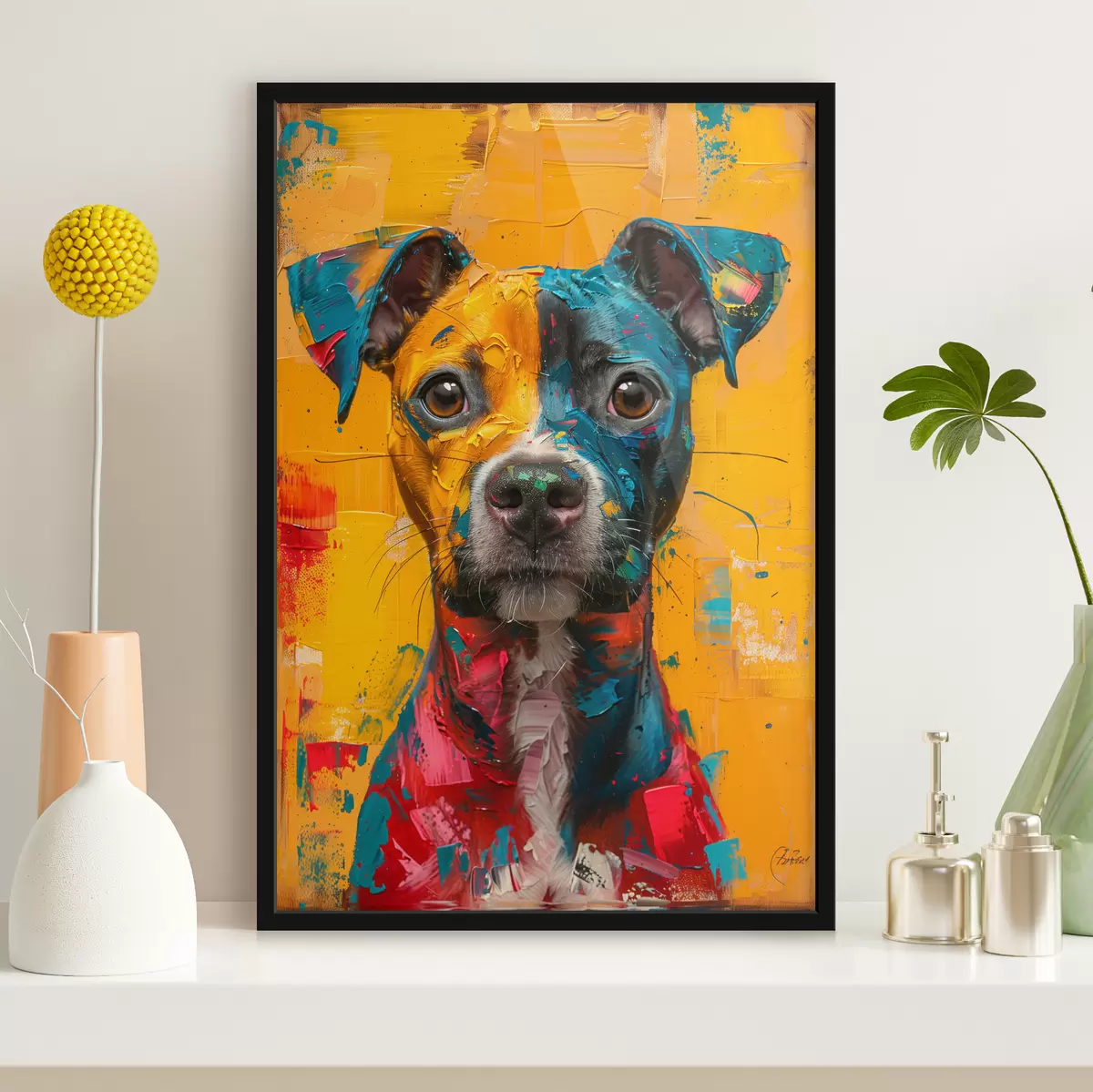 Affiche Portrait d'un Pitbull avec des coups de pinceau à huile jaune et bleu f39722
