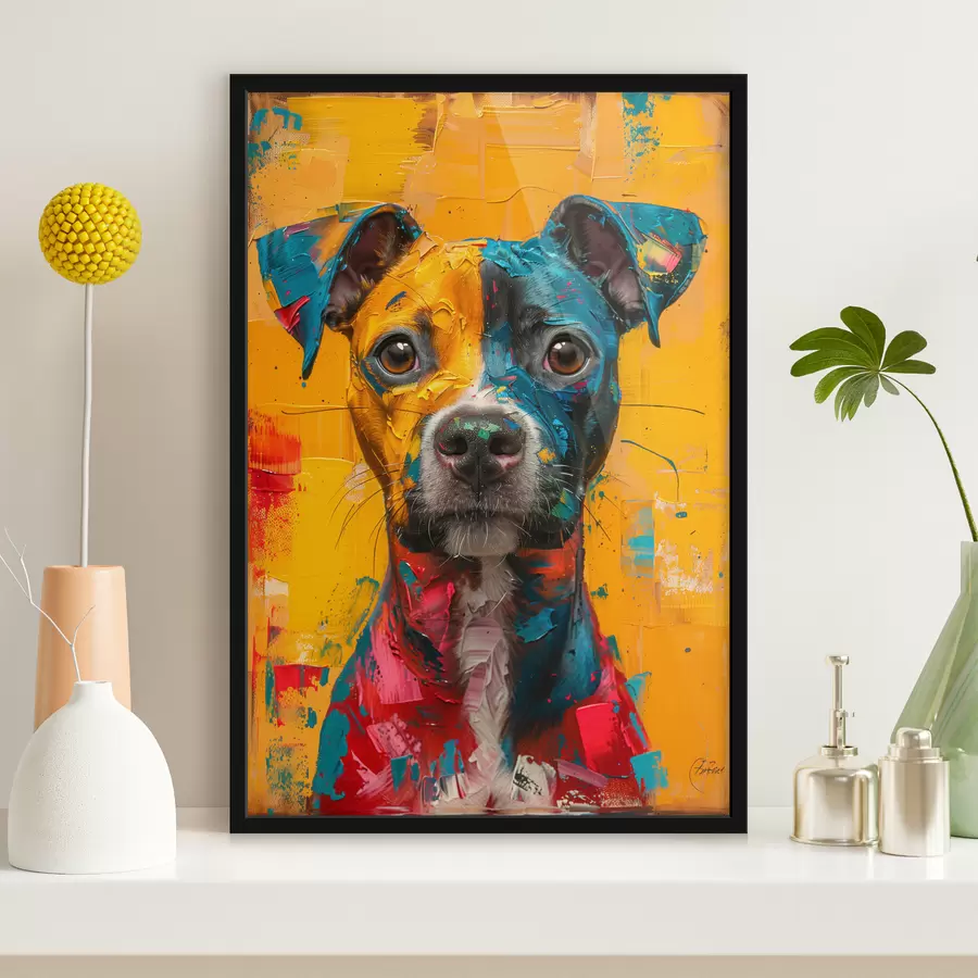  Peintures Portrait d'un Pitbull avec des coups de pinceau à huile jaune et bleu f39722