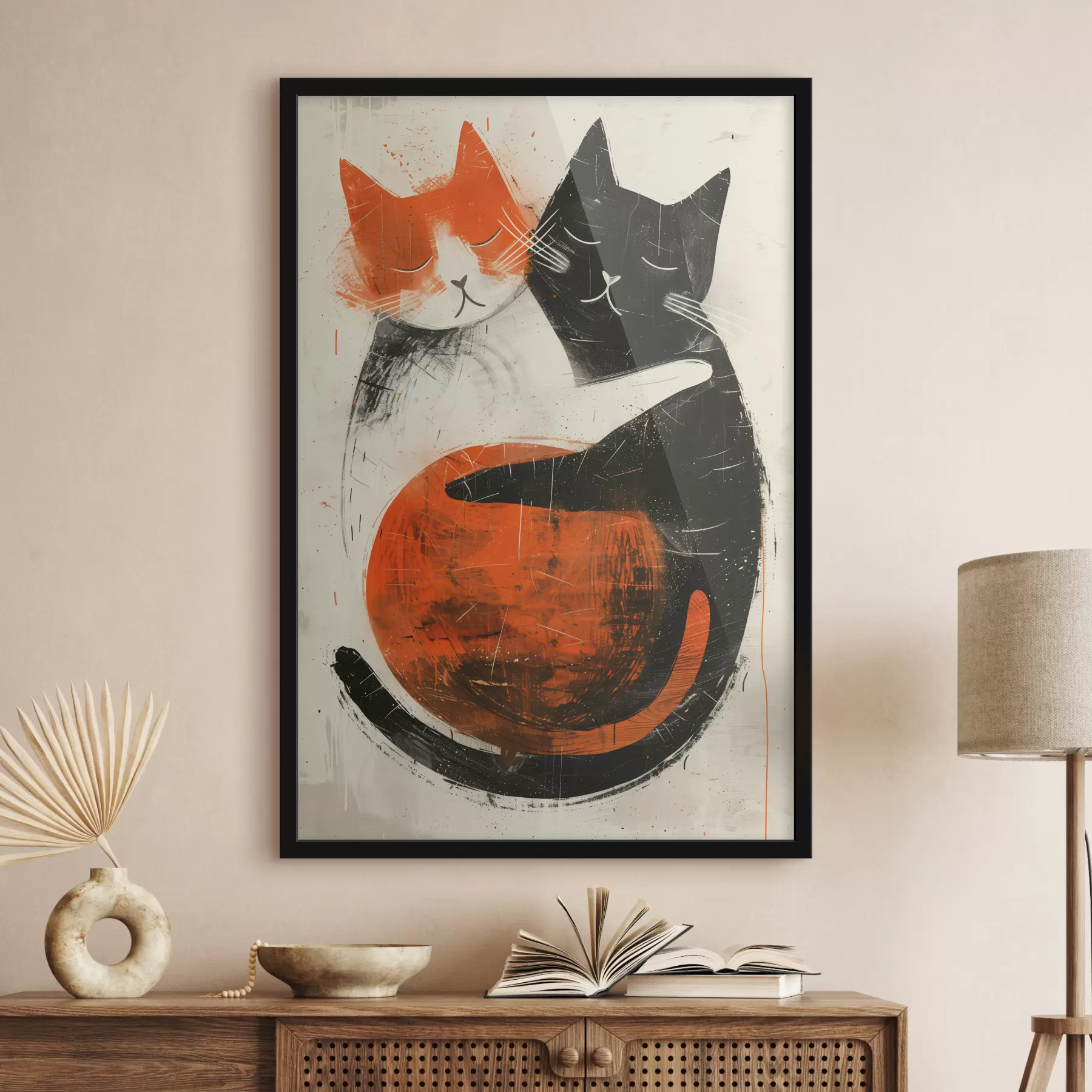 Fotobehang Minimalistische inktillustratie van twee schattige katten f39725