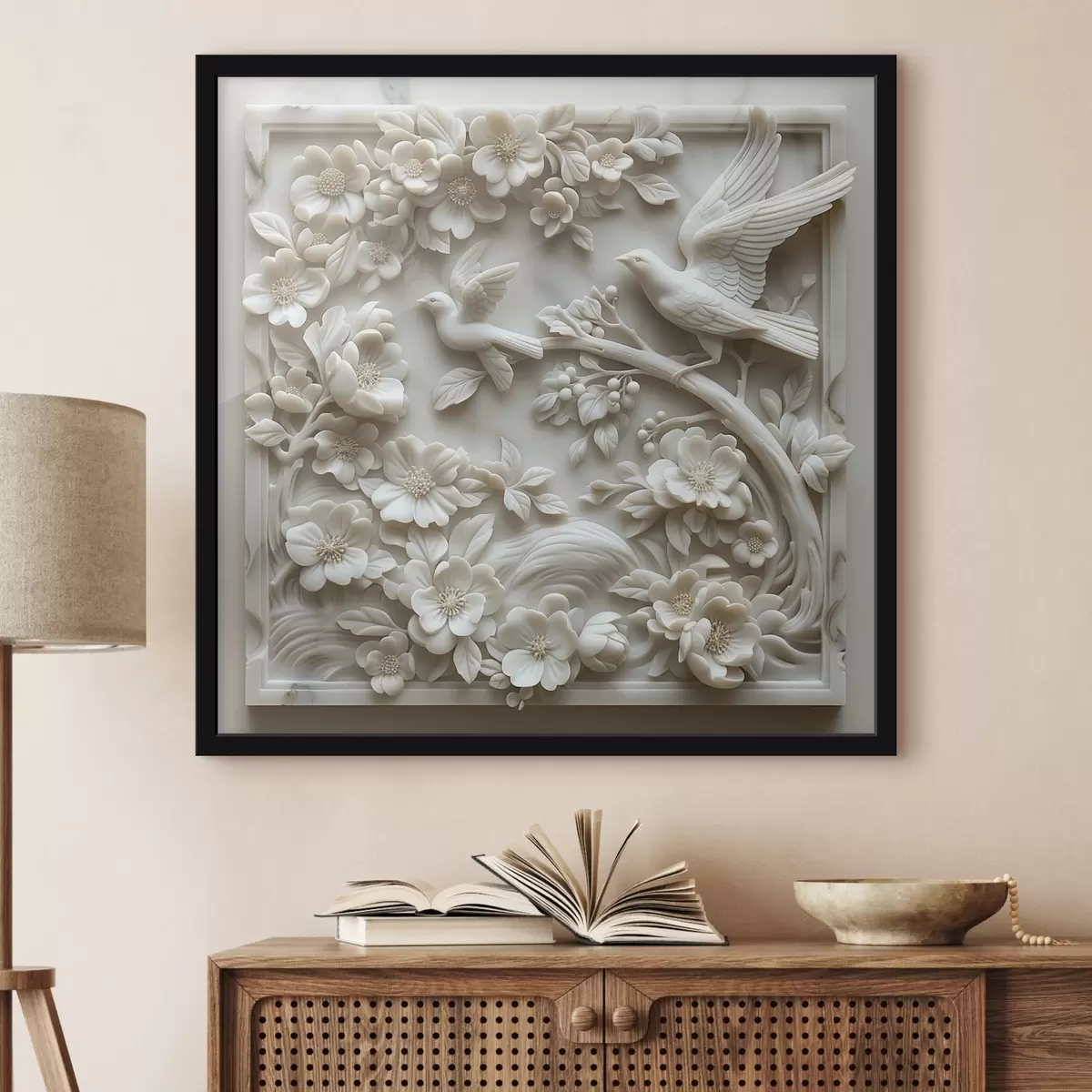 Affiche Un jardin de marbre blanc avec des reliefs d'oiseaux et de fleurs f39728