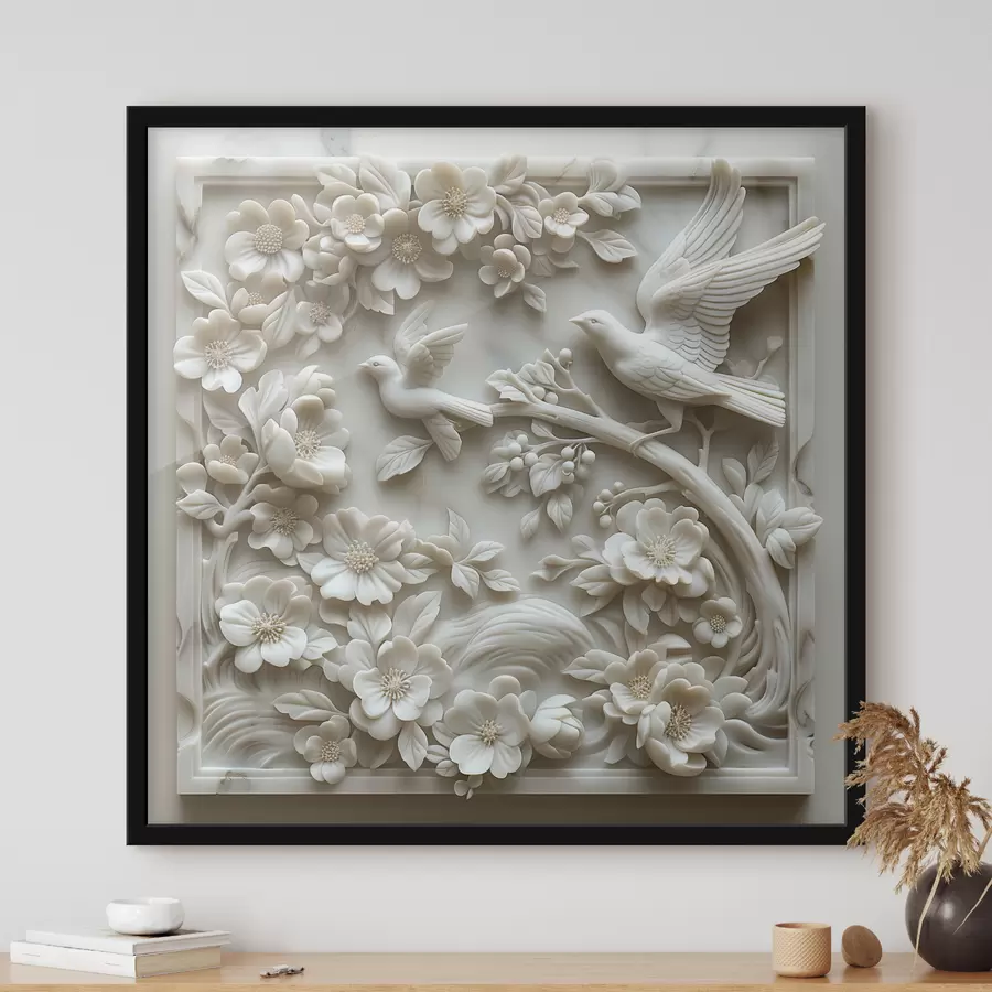  Schilderijen Een wit marmeren tuin met reliëfs van vogels en bloemen f39728