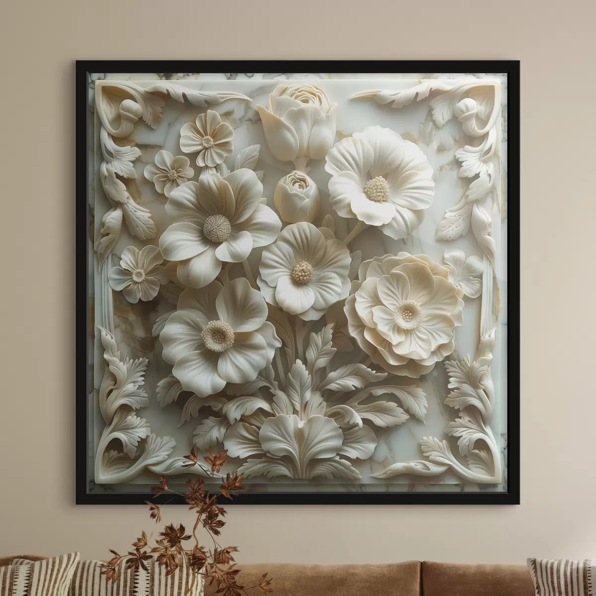 Affiche fleurs en bas-relief blanches en 3D sur fond de marbre avec un cadre f39739