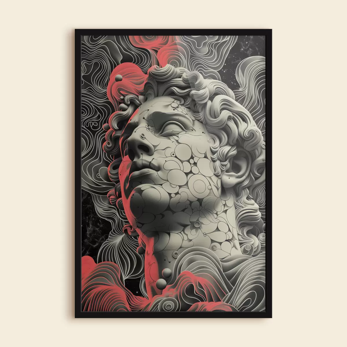 Affiche Illustration linéaire en noir et blanc de la tête du dieu grec Apollon dans un style pop art f39763