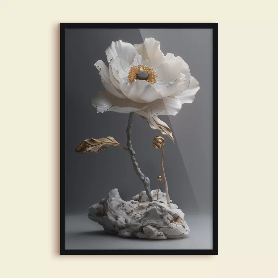Fotobehang Sierlijke witte lotus bloeiend uit steen f39765