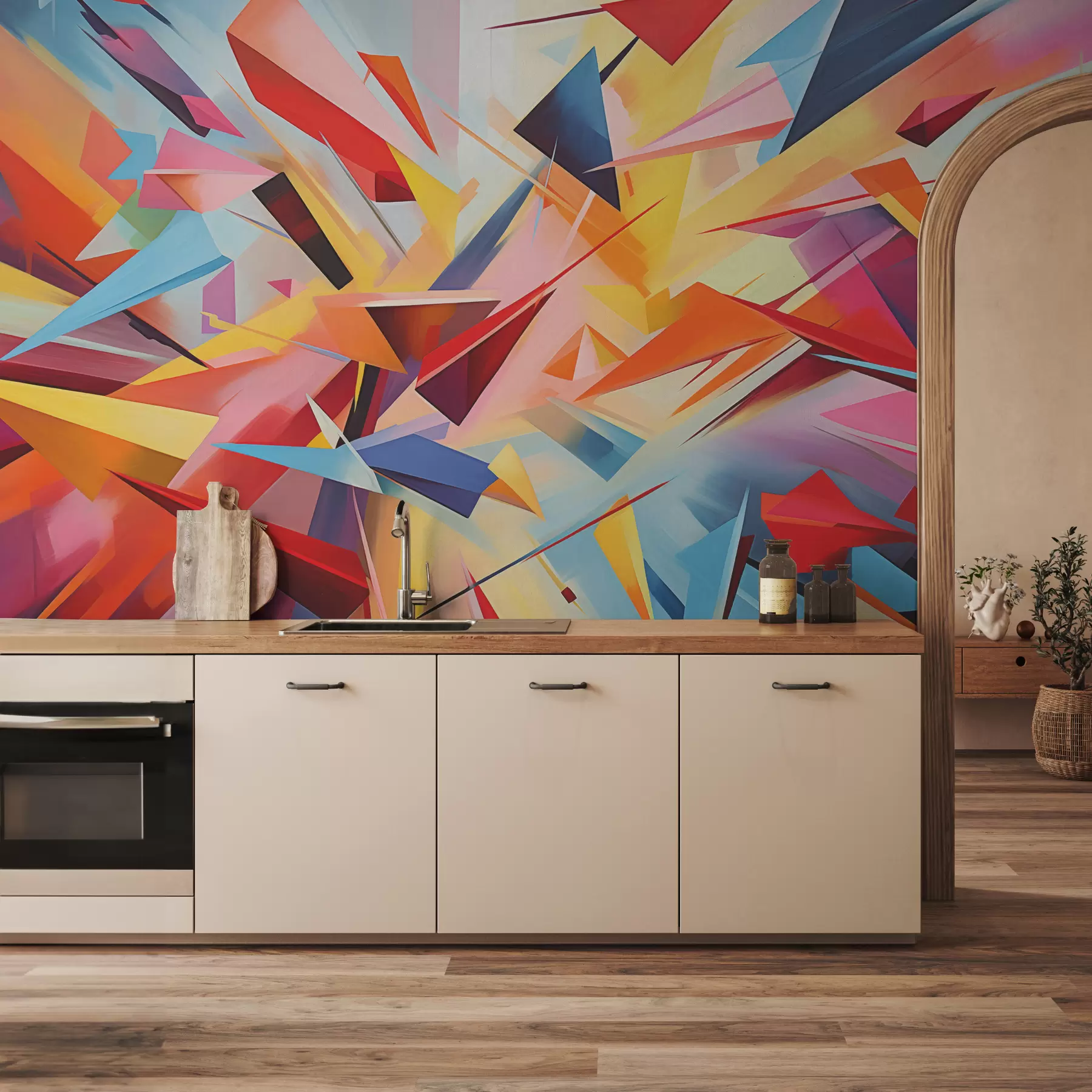 Papier peint photo Abstraction chaotique de formes géométriques, rose, bleu, jaune w08030