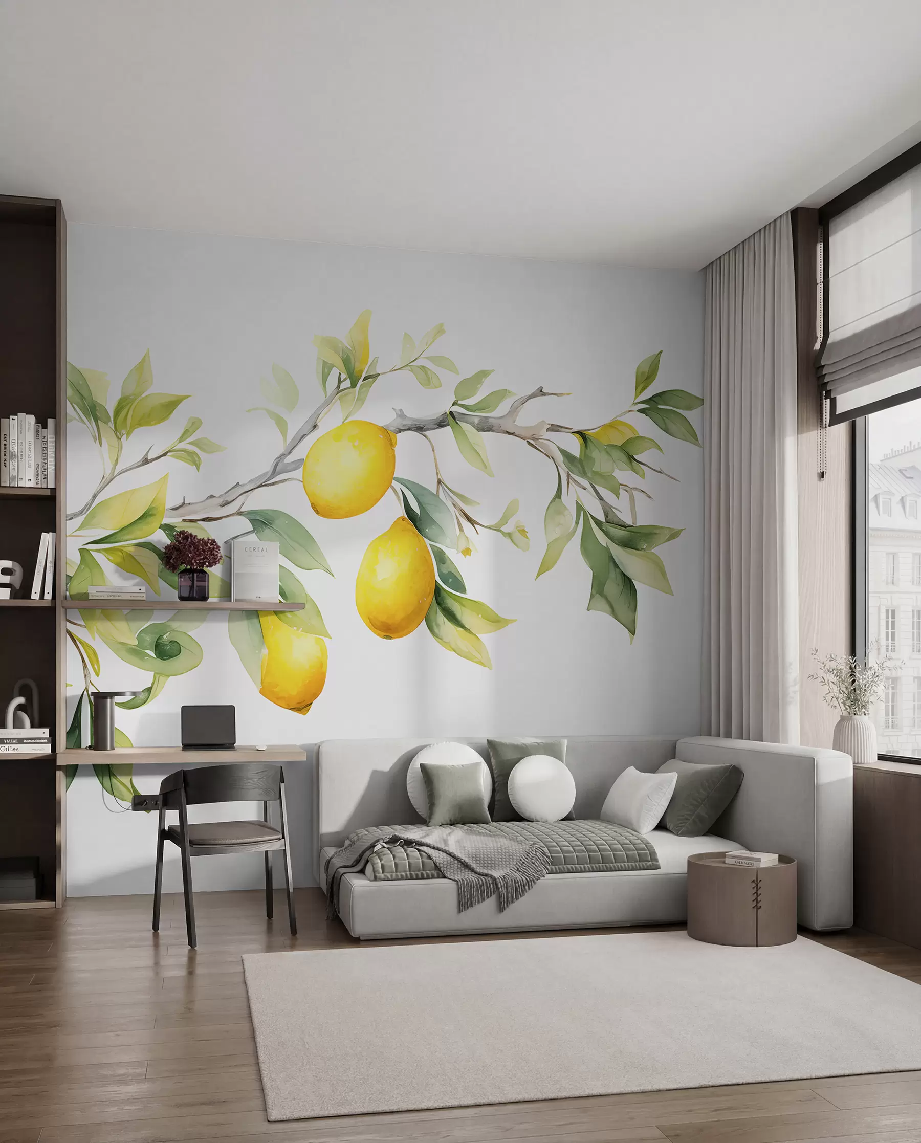 Papier peint photo Branche aquarelle avec feuilles et fruits de citron w08096