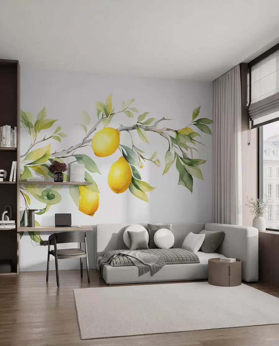 Papier peint photo Branche aquarelle avec feuilles et fruits de citron w08096