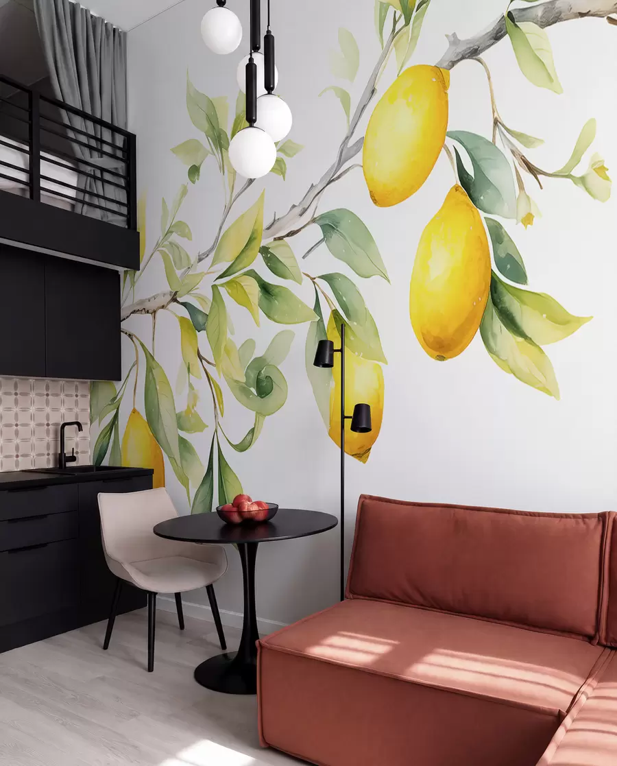 Fotobehang Waterverftak met citroenbladeren en fruit w08096