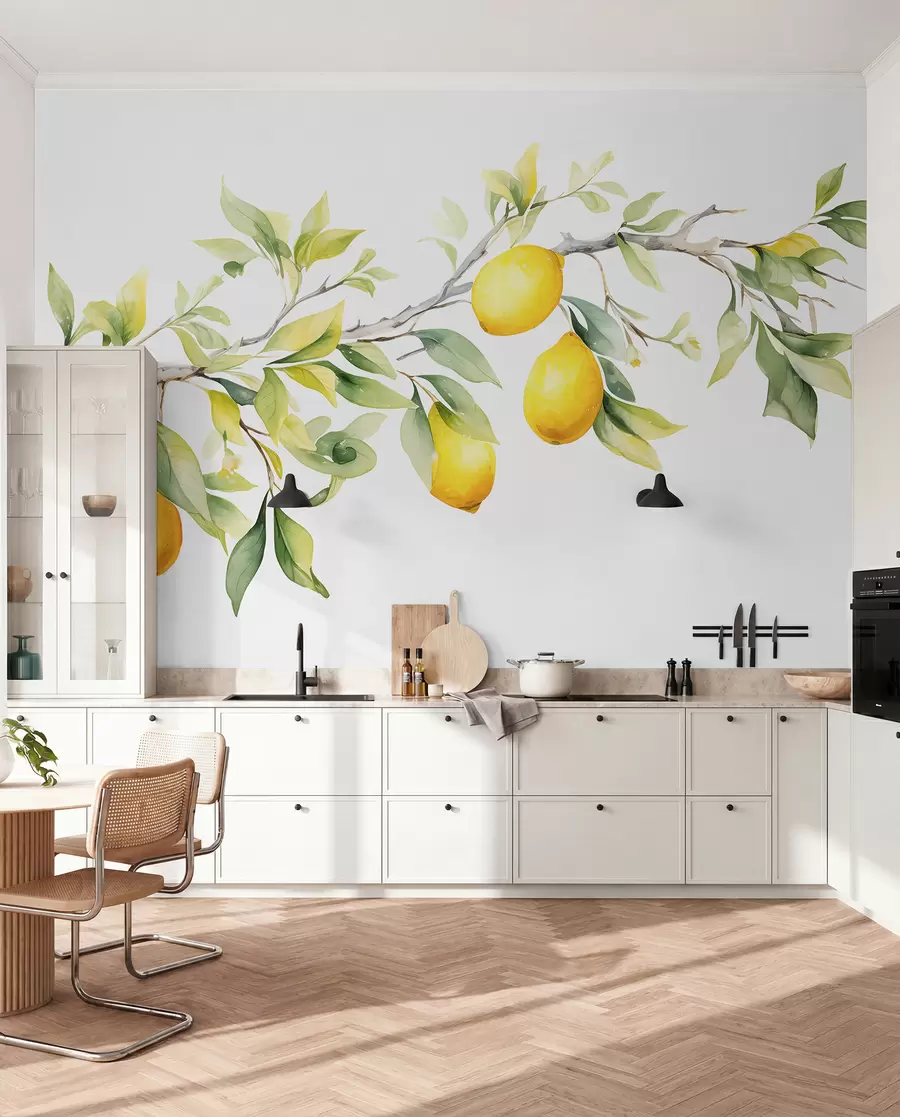 Papier peint photo Branche aquarelle avec feuilles et fruits de citron w08096