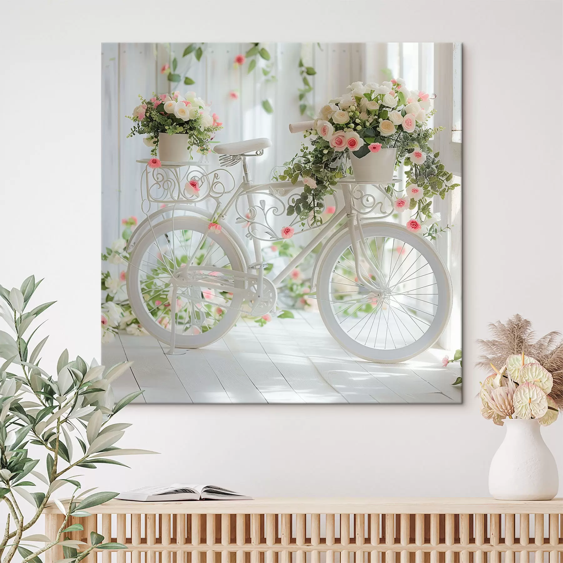  Schilderijen Witte fiets met bloemenmand in Provençaalse stijl s39243