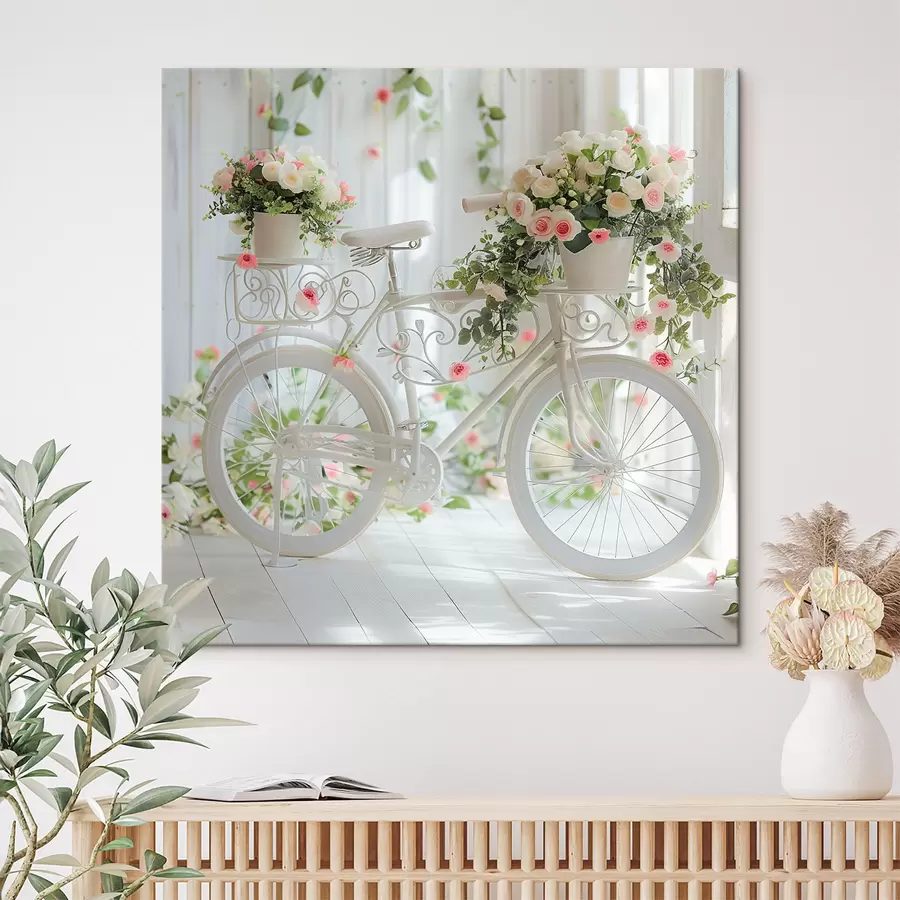  Schilderijen Witte fiets met bloemenmand in Provençaalse stijl s39243