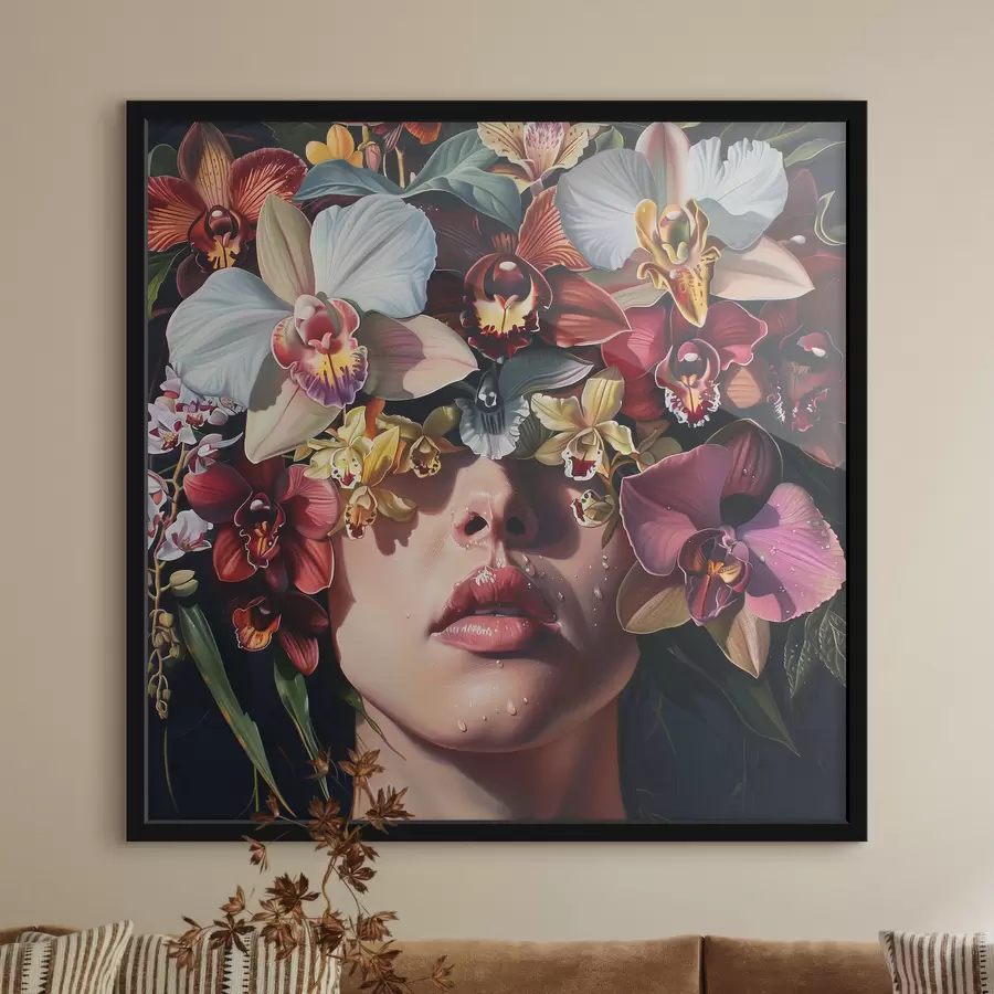 Fotobehang Meisje en grote orchideeën f39229