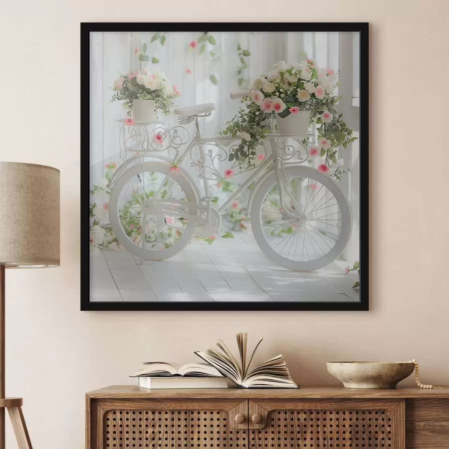 Fotobehang Witte fiets met bloemenmand in Provençaalse stijl f39243