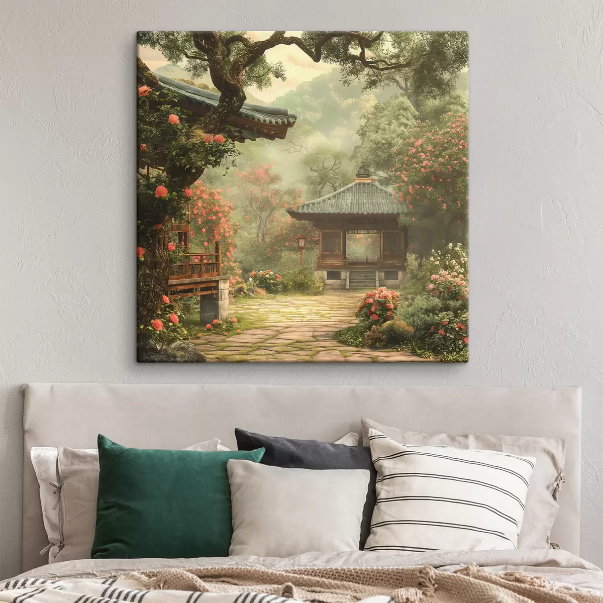  Peintures Parc japonais avec arbres et fleurs en fleurs, forêt, maison en bois s39773