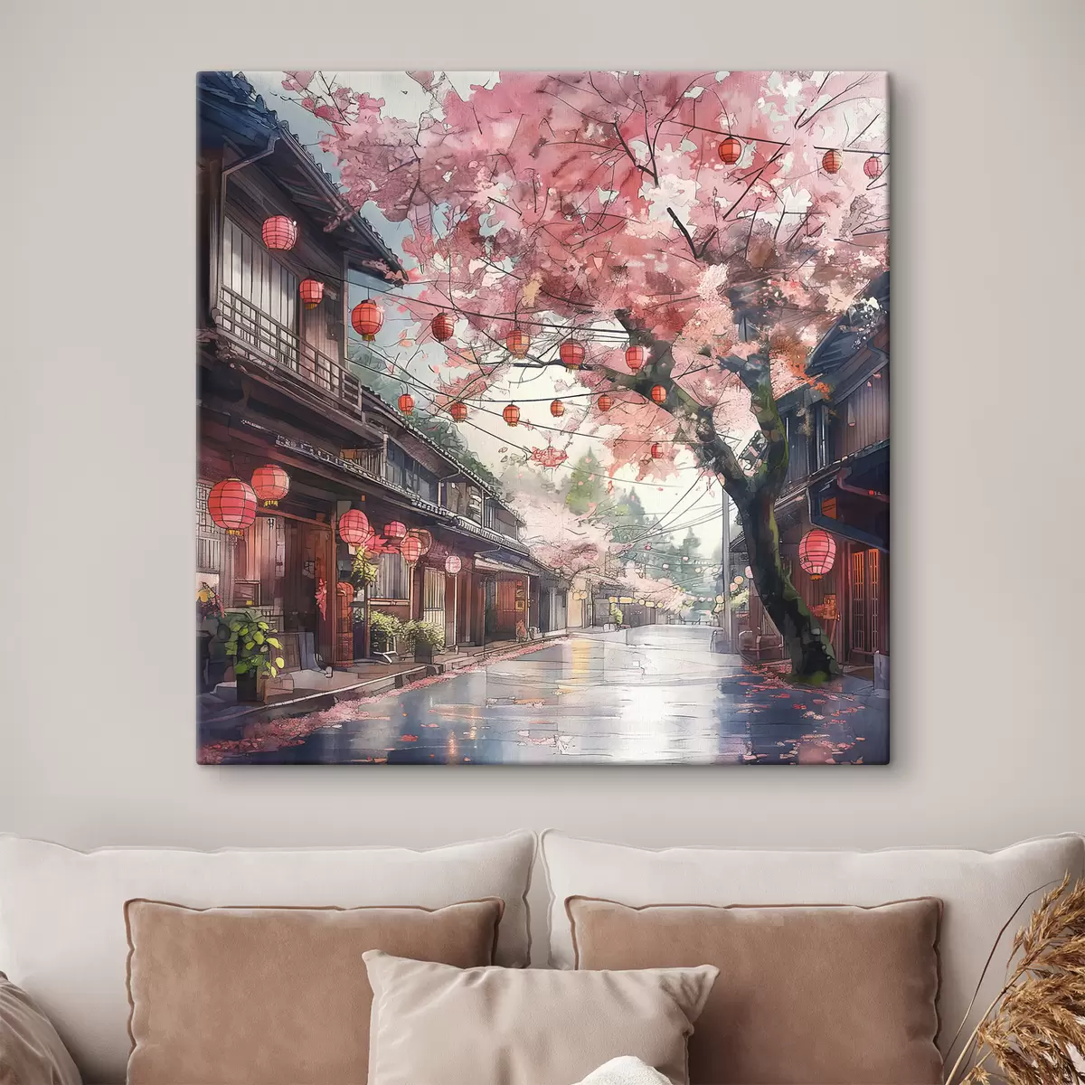  Peintures Rue japonaise avec cerisiers en fleurs, architecture orientale, lanternes s39774