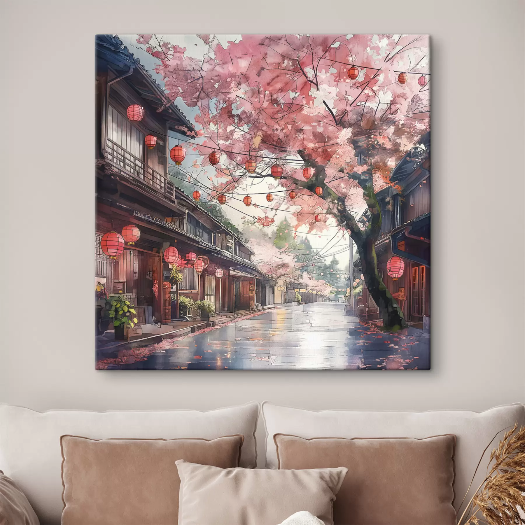  Peintures Rue japonaise avec cerisiers en fleurs, architecture orientale, lanternes s39774
