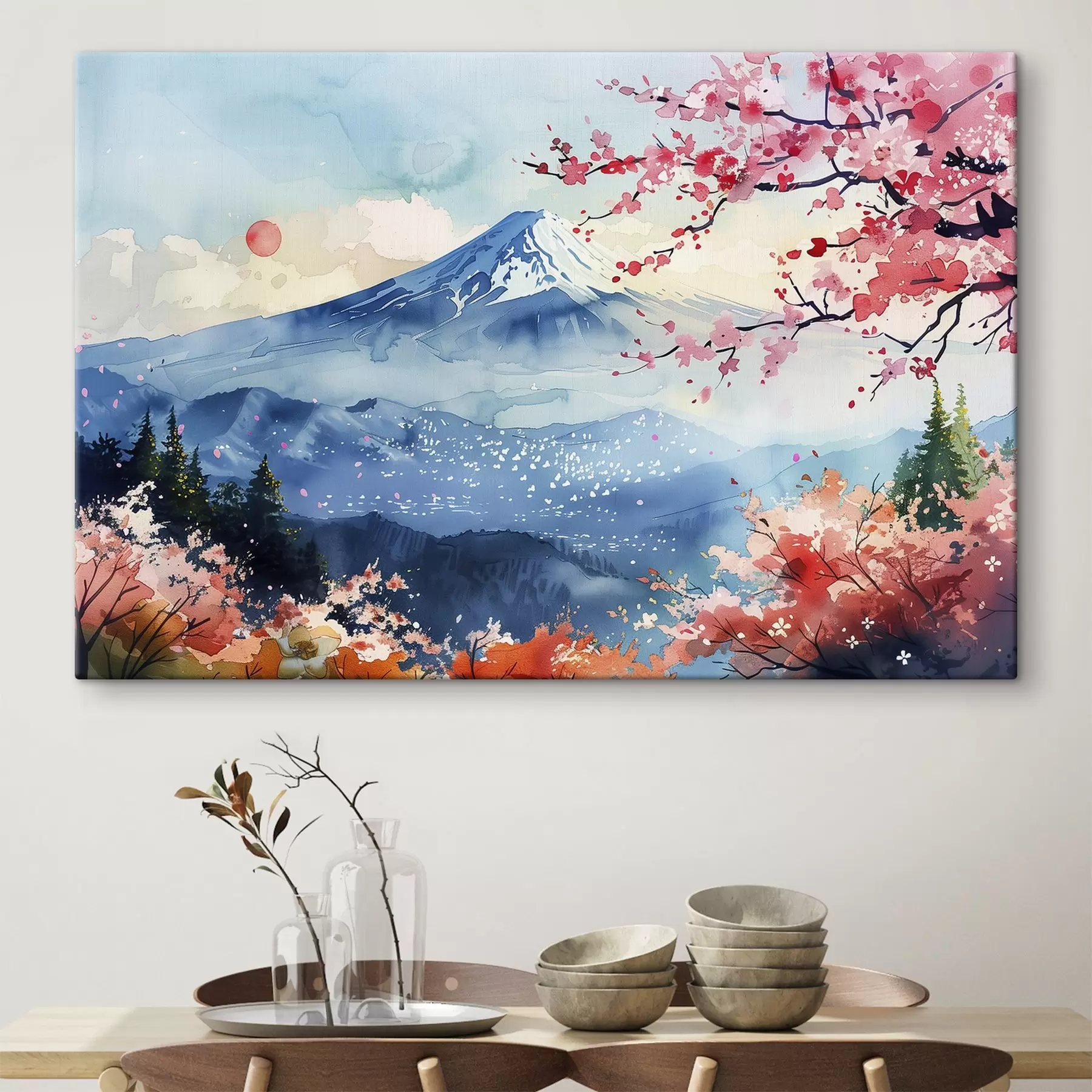 Fotobehang Berg Fuji-landschap, oosterse natuur, kersenbomen, zonsondergang s39775
