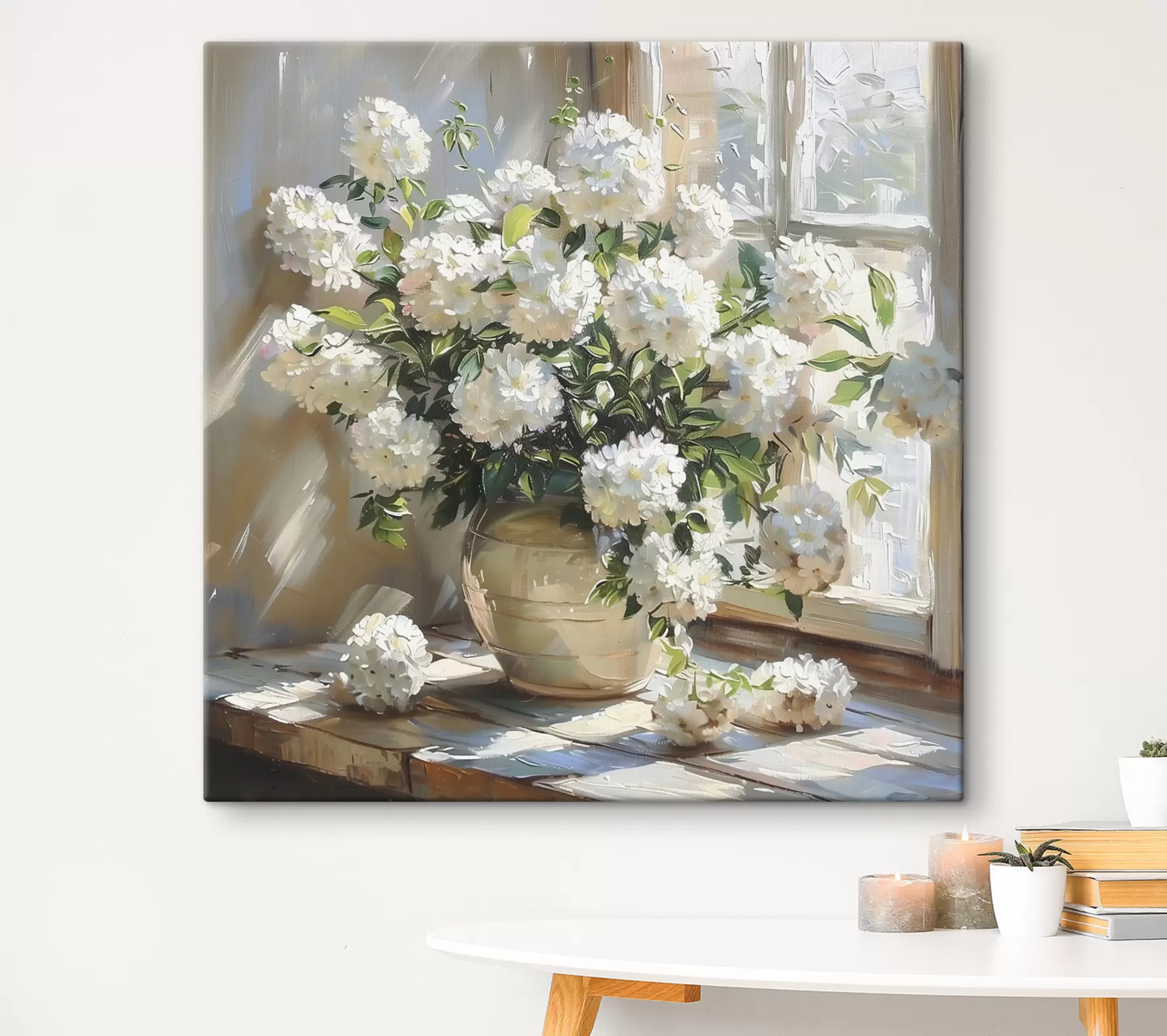  Peintures Hortensias blancs dans le vase, lumière du soleil dans la fenêtre, peinture à l'huile s39779