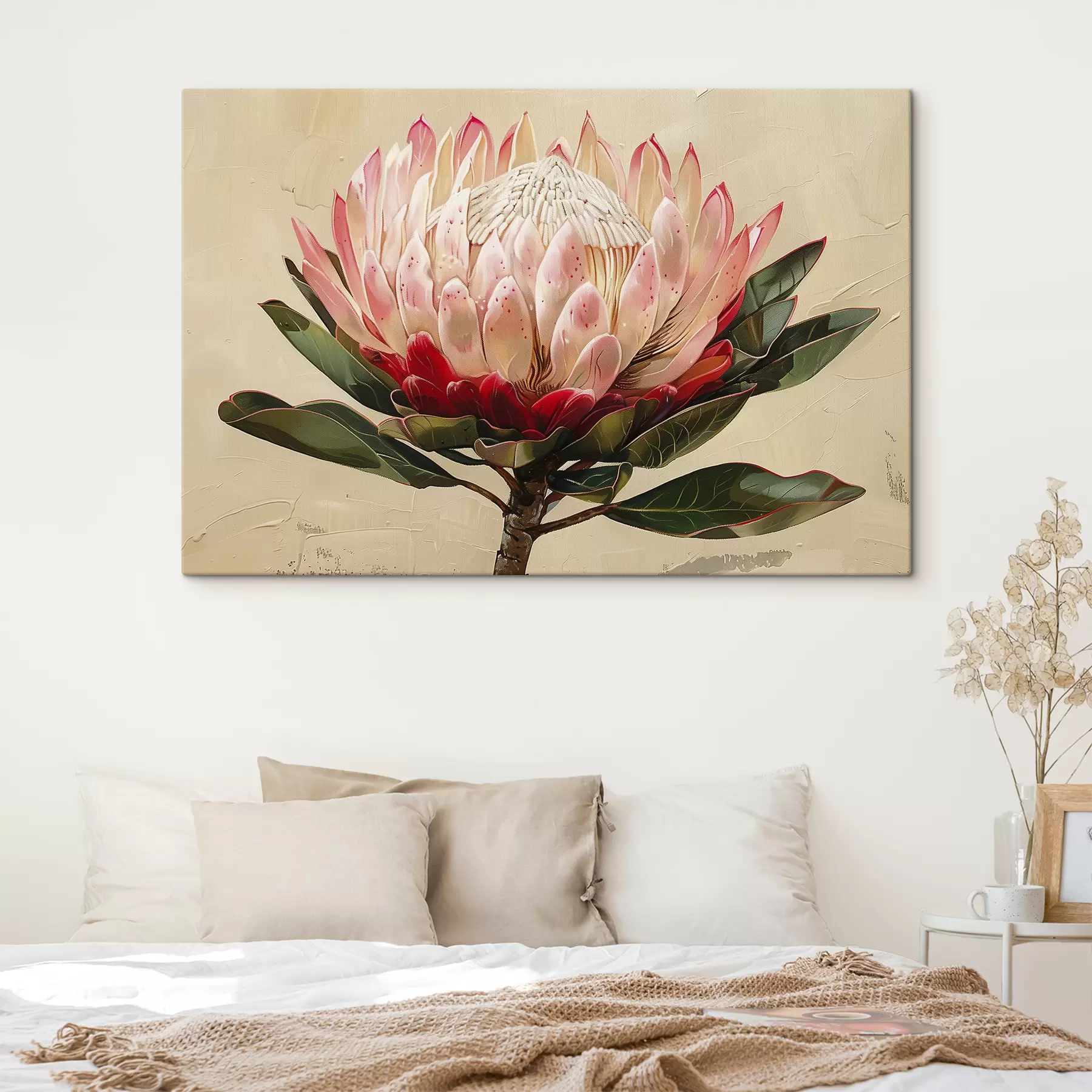  Schilderijen Protea bloem, acryltekening, bloemen, zachte natuurlijke kleuren s39780