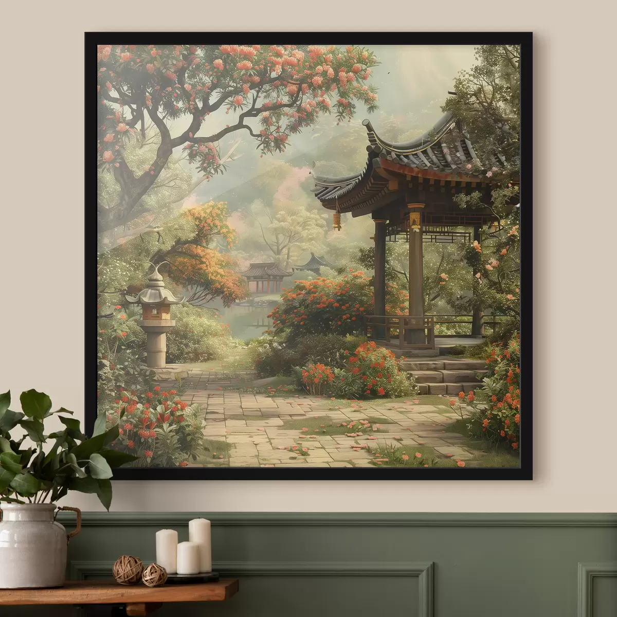 Poster Japans park met bloeiende bomen en bloemen, bos, tuinhuis, meer f39772